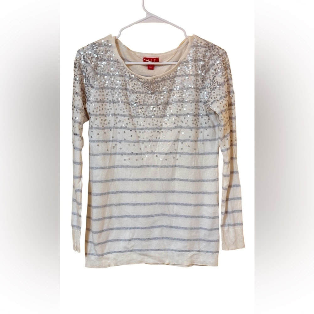 ELLE White Sequin Stripe Knit Sweater Size S Cotton Blend